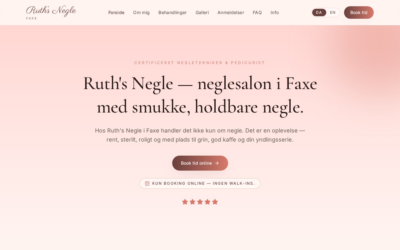 Forsiden af hjemmesiden vi har bygget til negleklinikken Ruth's Negle